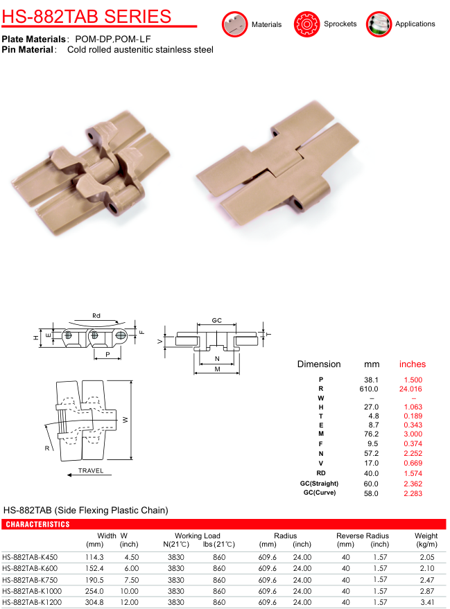 Цепь пластинчатая пластиковая серии HS-882TAB